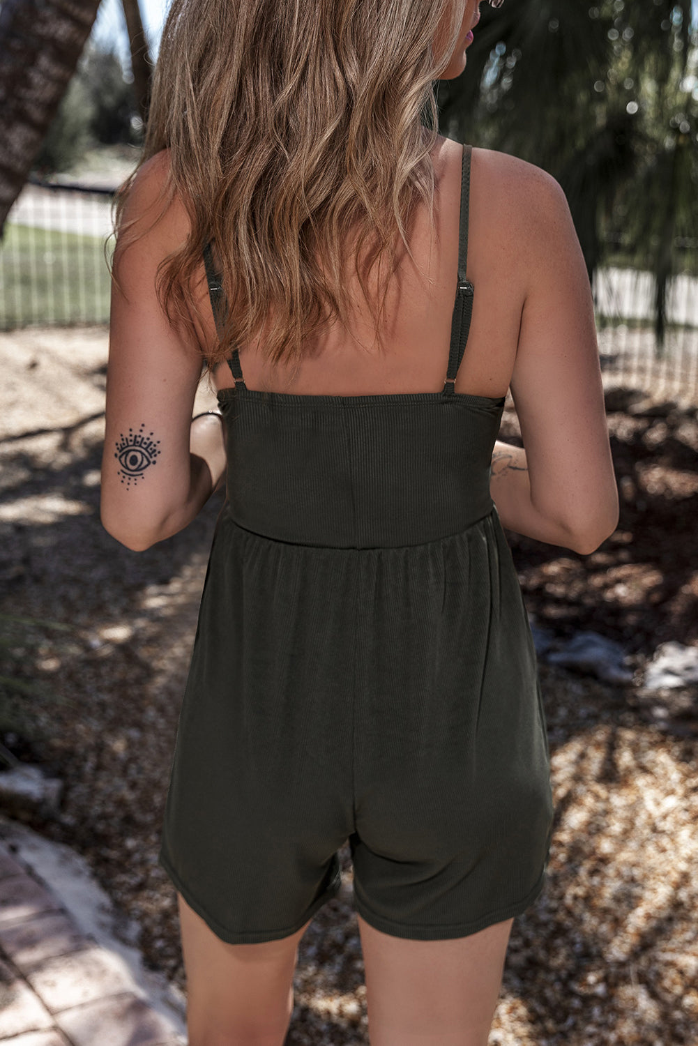 Moss Green Spaghetti Straps Cinched Waist Ribbed Romper Bottoms JT's Designer Fashion