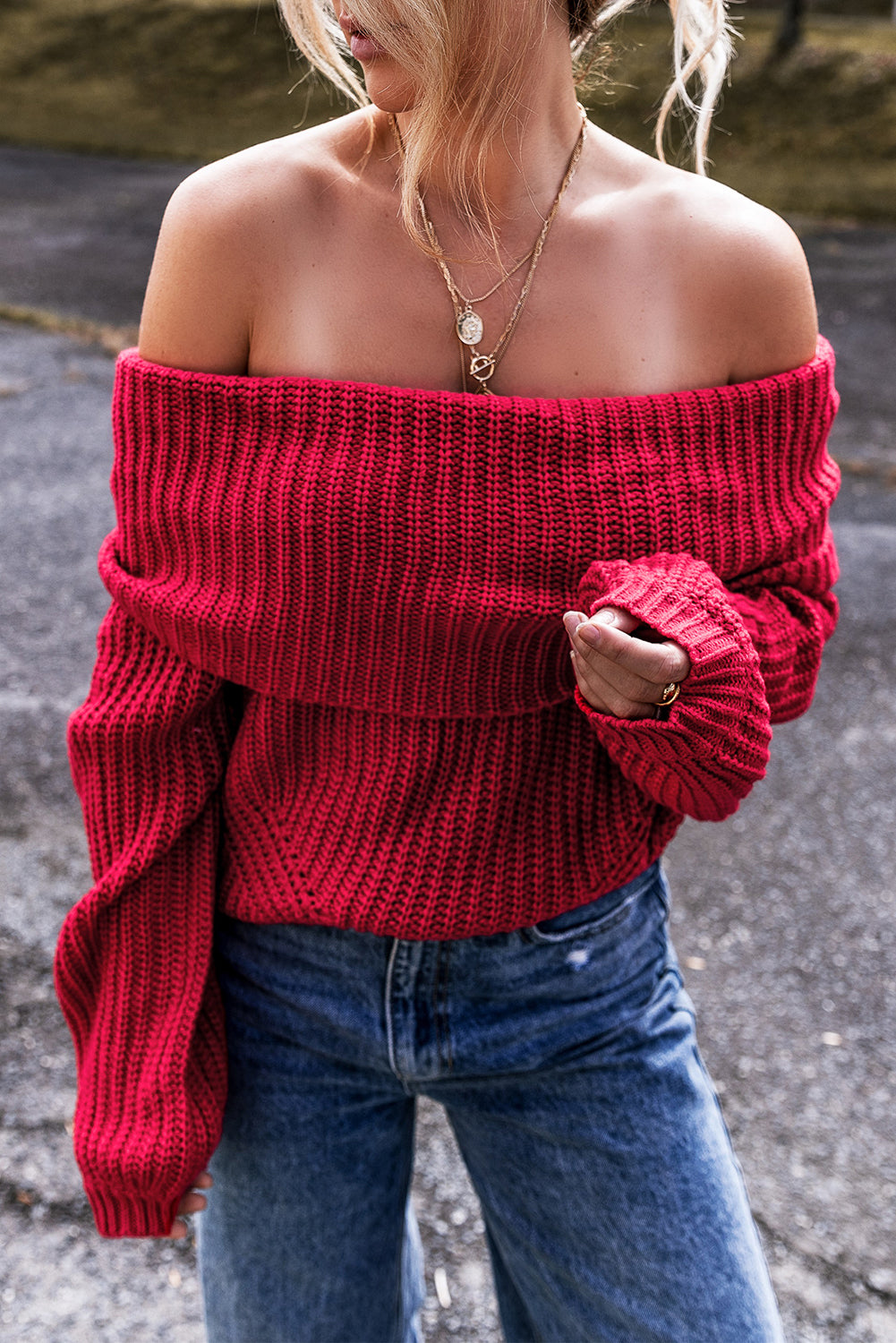 Racing Red Off-the-shoulder Knit Sweater Sweaters JT's Designer Fashion