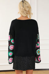 Black Floral Crochet Bell Sleeve Loose Sweater Sweaters JT's Designer Fashion
