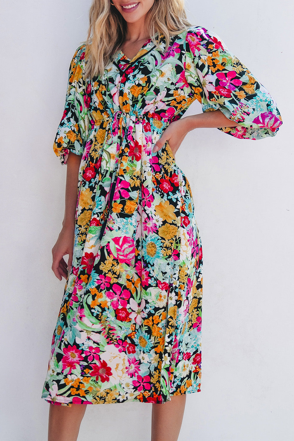 Green Floral Puff Sleeve V Neck Tassel Drawstring Dress Floral Dresses JT's Designer Fashion