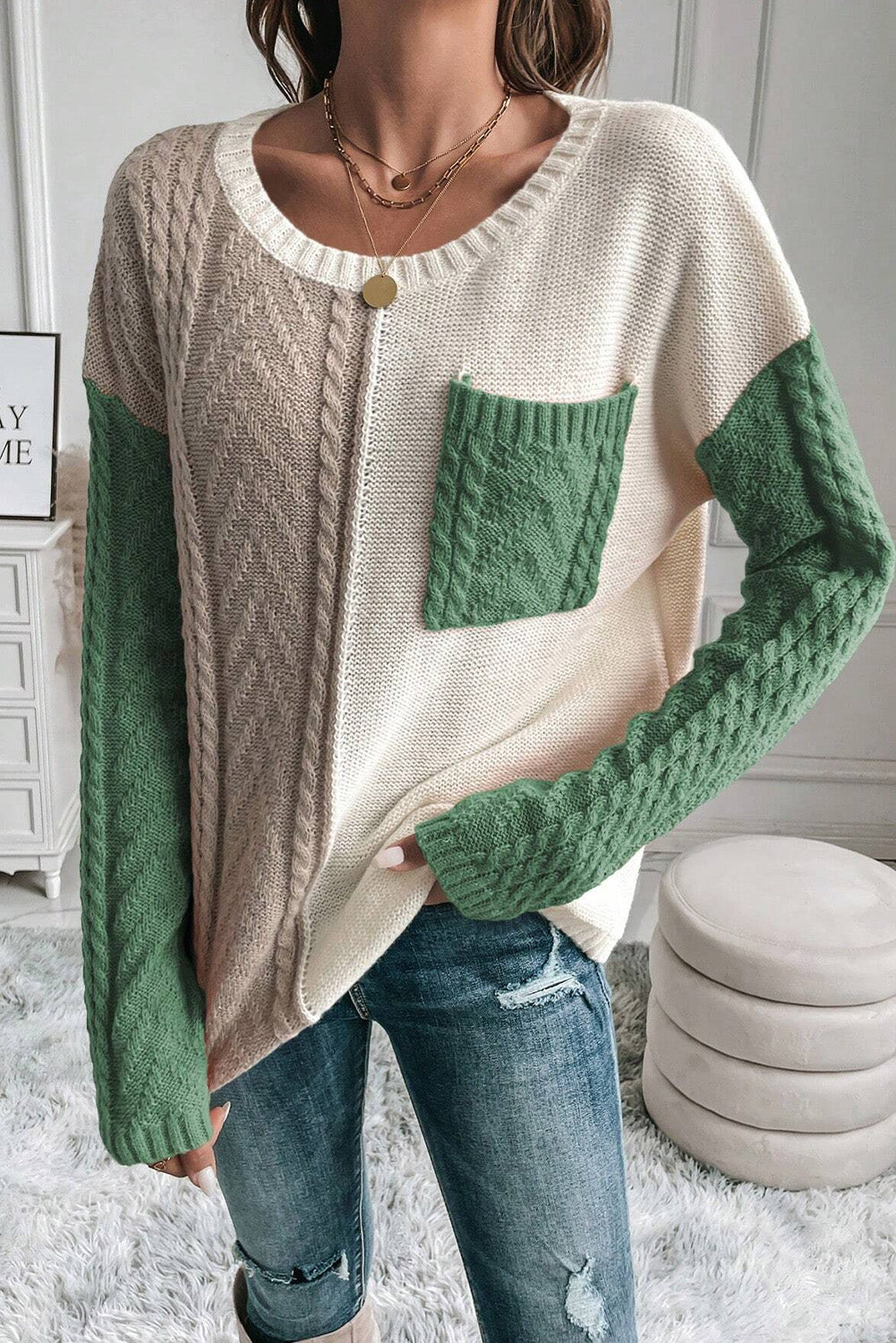 Vineyard Green Colorblock Patched Pocket Drop Shoulder Sweater Sweaters JT's Designer Fashion