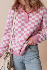 Pink Checkered Buttons Collar V Neck Drop Shoulder Sweater Sweaters JT's Designer Fashion
