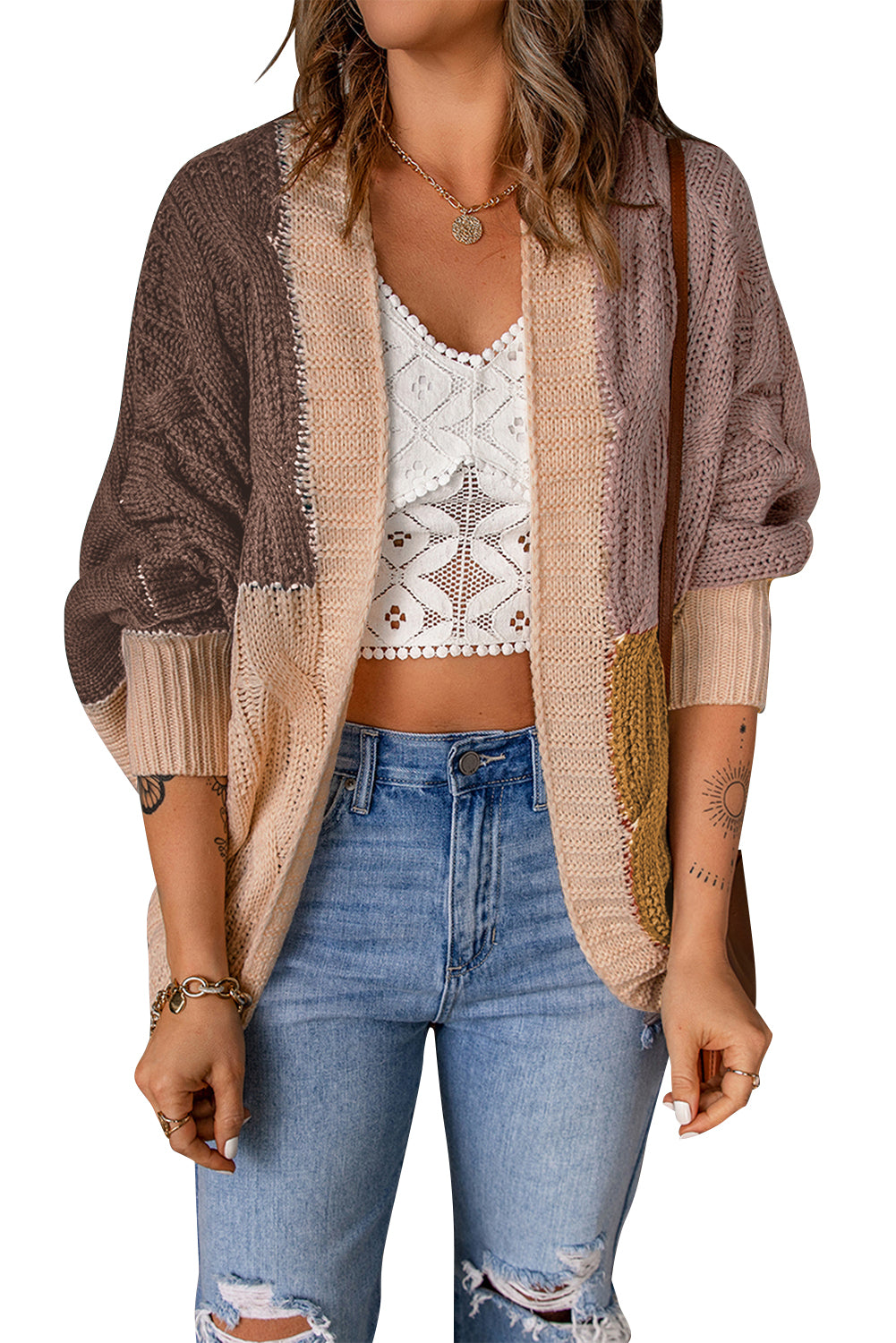 Brown Color Block Loose Open Front Knitted Cardigan Sweaters & Cardigans JT's Designer Fashion