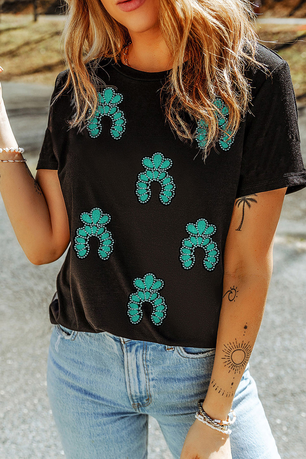 Black Western Turquoise Pattern Sequin Patched T Shirt Graphic Tees JT's Designer Fashion