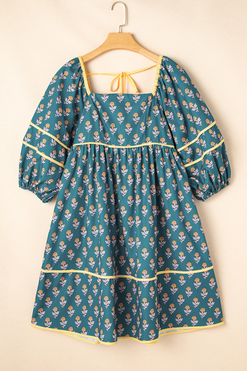 Skobeloff Floral Contrast Trim Square Neck Puff Sleeve Dress Floral Dresses JT's Designer Fashion