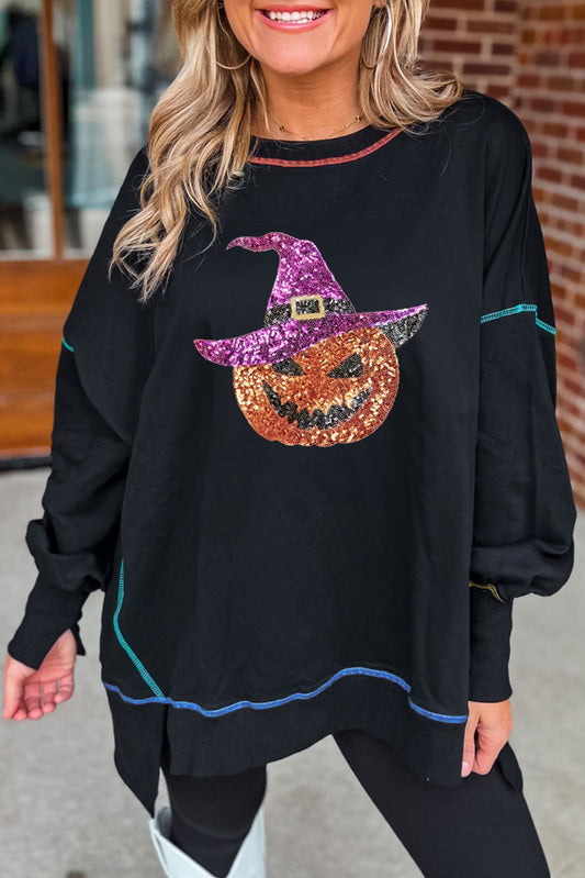 Black Glittering Pumpkin Wizard Graphic Exposed Seam Side Split Halloween Sweatshirt Black 50%Polyester+50%Cotton Graphic Sweatshirts JT's Designer Fashion