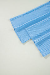 Blue Solid Corded Knit Short Sleeve T Shirt and Wide Leg Pants Set Pant Sets JT's Designer Fashion