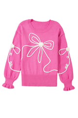 Bright Pink Corded Flower Bow Ribbed Trim Casual Sweater Sweaters JT's Designer Fashion
