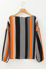 Orange Polka Dot Vertical Striped Printed Puff Sleeve Blouse Blouses & Shirts JT's Designer Fashion