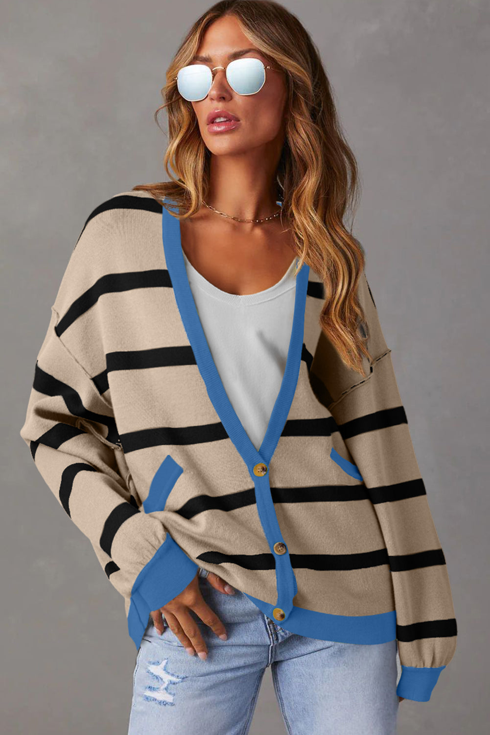White Colorblock Drop Shoulder Buttoned Loose Cardigan White 50%Viscose+28%Polyester+22%Polyamide Cardigans JT's Designer Fashion