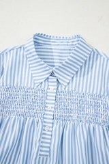 Sky Blue Stripe Shirred Detail Half Placket Collared Long Sleeve Fall Shirt Blouses & Shirts JT's Designer Fashion