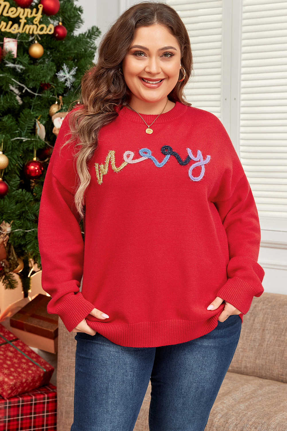 Fiery Red Tinsel merry Pattern Drop Shoulder Plus Size Sweater Plus Size Sweaters & Cardigans JT's Designer Fashion