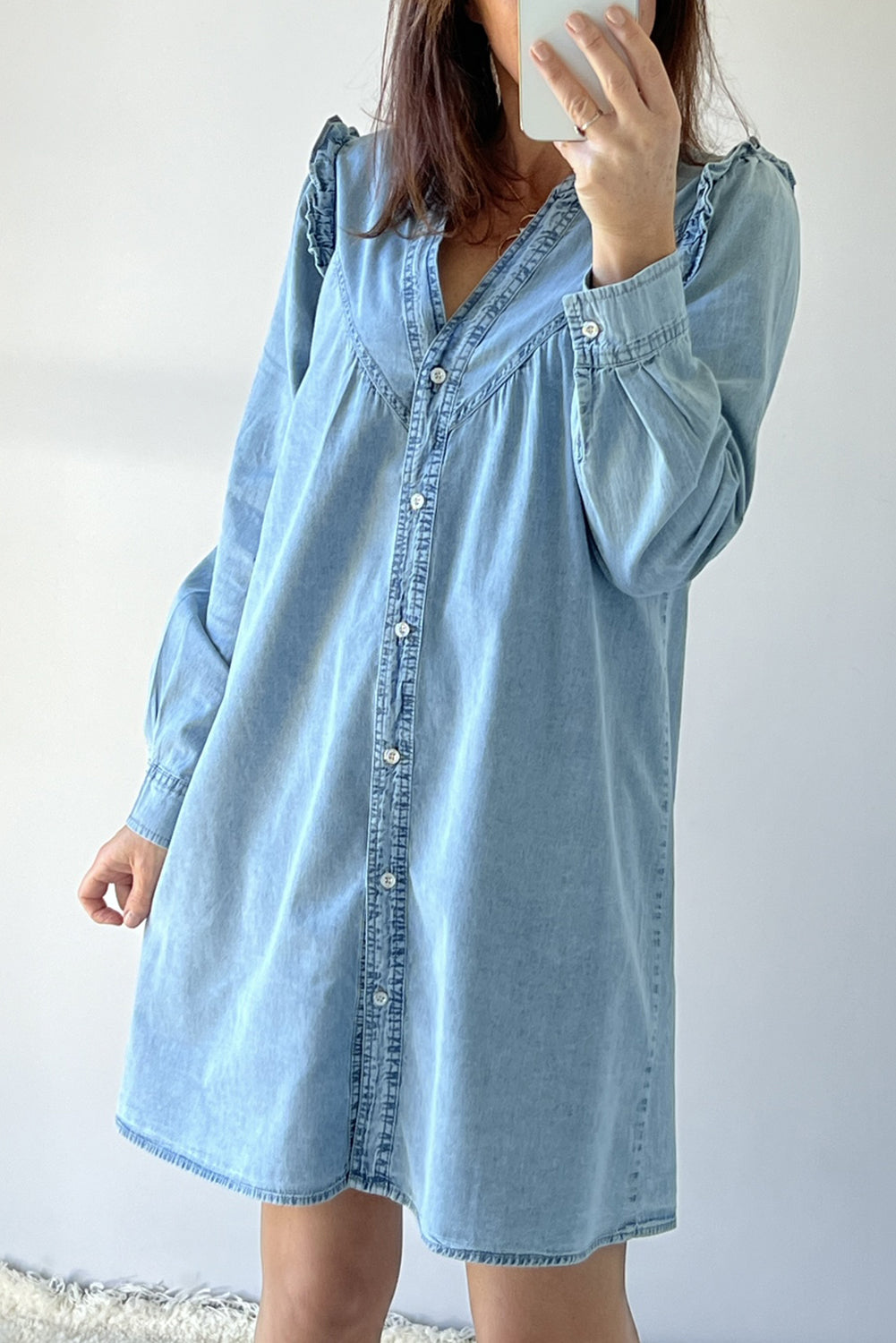 Myosotis Ruffled V Neck Buttoned Shift Denim Dress Mini Dresses JT's Designer Fashion