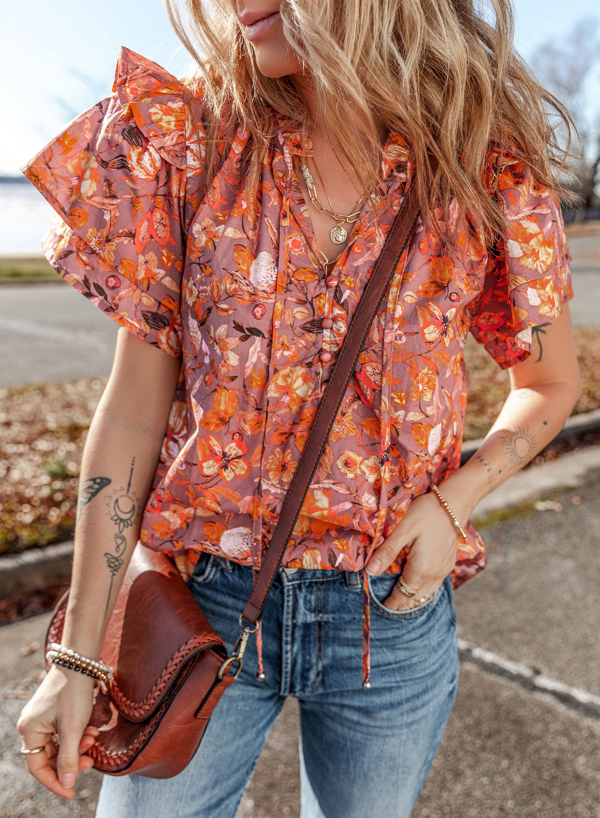 Orange Floral Print Ruffled Flutter Sleeve Frilled V Neck Blouse Orange 100%Cotton Blouses & Shirts JT's Designer Fashion