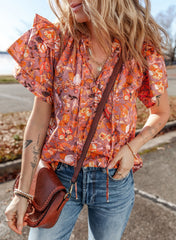 Orange Floral Print Ruffled Flutter Sleeve Frilled V Neck Blouse Orange 100%Cotton Blouses & Shirts JT's Designer Fashion