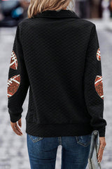 Black Sequin Rugby Football Patched Quarter Zip Textured Sweatshirt Graphic Sweatshirts JT's Designer Fashion