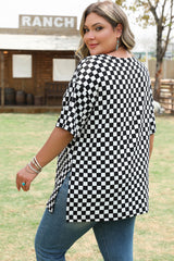 Black Checkered Print Side Slits O Neck Plus Size T Shirt Plus Size Tops & Tees JT's Designer Fashion