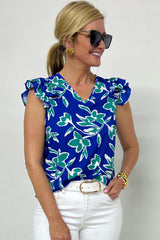 Blue V Neck Floral Print Double Ruffled Short Sleeve Blouse Blouses & Shirts JT's Designer Fashion