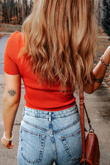 Tomato Red Ribbed Knit Crewneck Crop Sheath T Shirt Sweaters & Cardigans JT's Designer Fashion