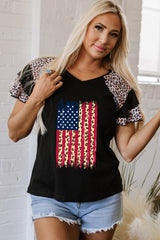 Black Leopard Patchwork Frayed USA Flag Print Ruffle Short Sleeve V Neck Tee Graphic Tees JT's Designer Fashion