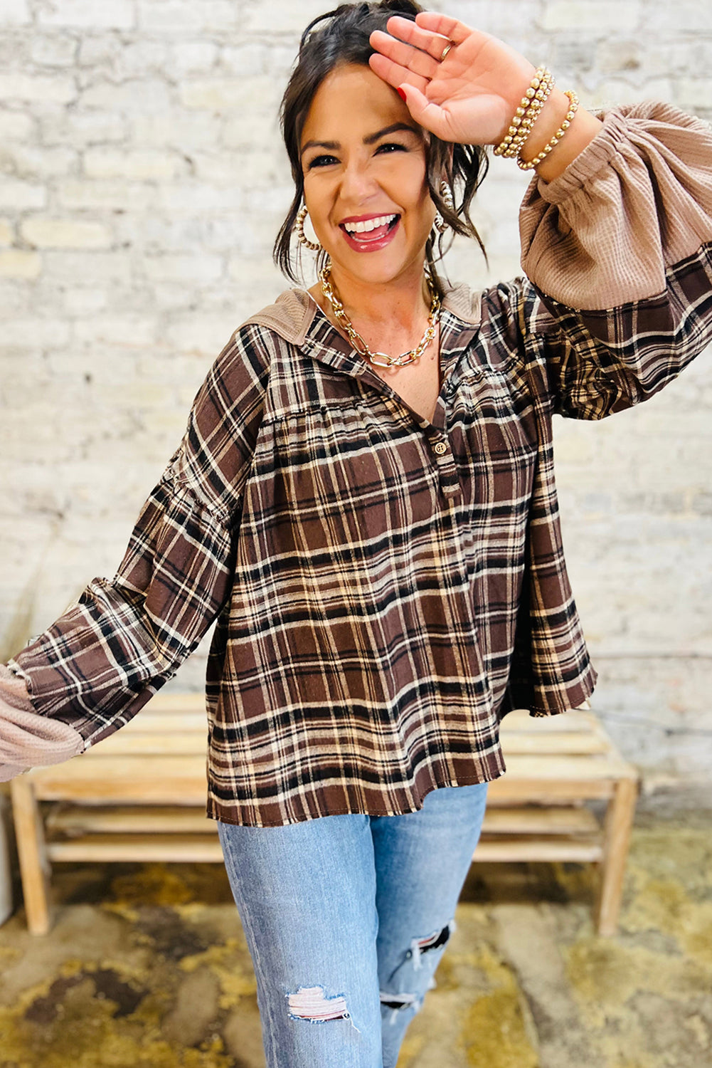 Brown Plaid Patchwork Long Sleeve Button Hooded Blouse Blouses & Shirts JT's Designer Fashion