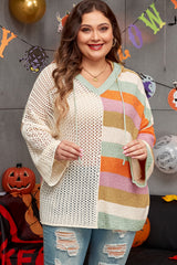 Beige Pointelle Knit Colorblock Patchwork V Neck Hooded Plus Sweater Beige 100%Acrylic Plus Size Sweaters & Cardigans JT's Designer Fashion