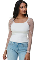 White Swiss Dot Mesh Long Sleeve Square Neck Slim Top Long Sleeve Tops JT's Designer Fashion