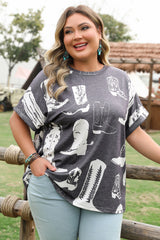 Gray Plus Size Western Boots Print Crew Neck T Shirt Plus Size Tops & Tees JT's Designer Fashion