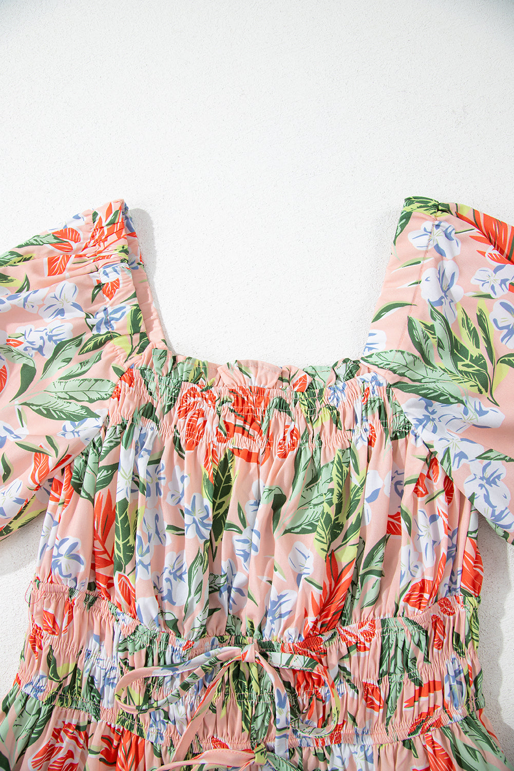 Apricot Pink Floral Smocked Bust Bubble Short Sleeve Long Dress Maxi Dresses JT's Designer Fashion