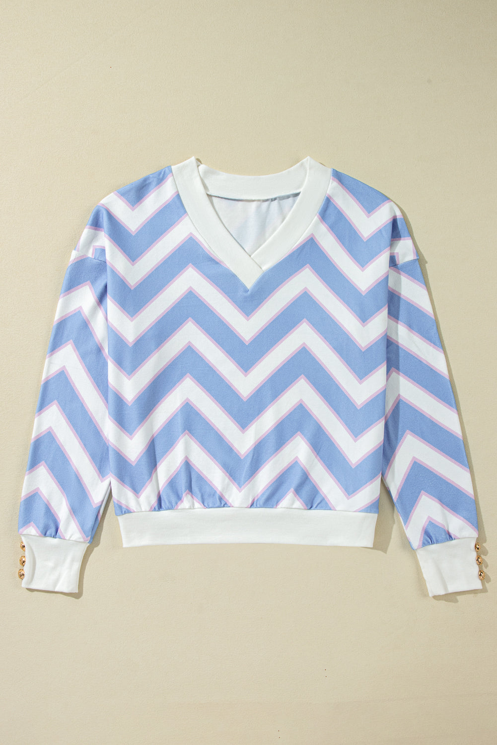 Sky Blue Zigzag Striped Print V Neck Oversized Top Long Sleeve Tops JT's Designer Fashion