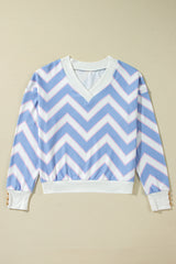 Sky Blue Zigzag Striped Print V Neck Oversized Top Long Sleeve Tops JT's Designer Fashion