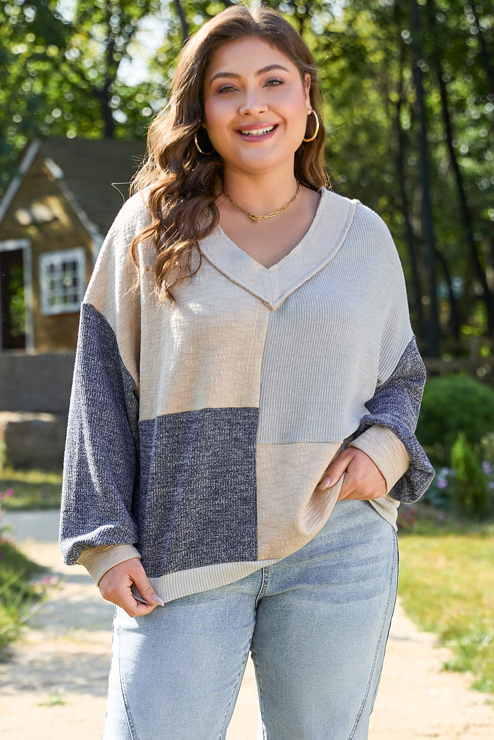 Ashleigh Blue Plus Size Textured Colorblock Patchwork V Neck Top Ashleigh Blue 68%Cotton+26.5%polyester+5.5%Elastane Plus Size Long Sleeve Tops JT's Designer Fashion