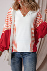 White Striped Color Block Collared V Neck Oversized Sweatshirt Sweatshirts & Hoodies JT's Designer Fashion