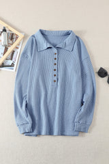 Sky Blue Button Front Turn-down Neck Knit Top Long Sleeve Tops JT's Designer Fashion