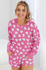 Pink Valentine Heart Shape Print Long Sleeve Top Shorts Lounge Set Short Sets JT's Designer Fashion