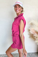 Rose Red Textured Short Sleeve Half Zip Drawstring Waist Romper Bottoms JT's Designer Fashion