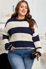 Blue Stripe Color Block PLus Size Drop Shoulder Sweater Blue Stripe 100%Acrylic Plus Size Sweaters & Cardigans JT's Designer Fashion