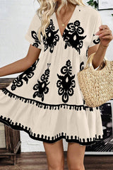 Black Vintage Print V Neck High Waist Short Sleeve Dress Mini Dresses JT's Designer Fashion