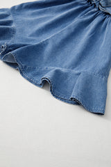 Ashleigh Blue Spaghetti Straps V Neck Belted Ruffled Leg Chambray Romper Bottoms JT's Designer Fashion