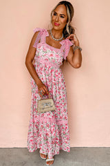 Pink Floral Lace Tied Strap Empire Waist Maxi Dress Floral Dresses JT's Designer Fashion