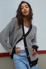 White Stripe Buttoned Front V Neck Herringbone Cardigan Cardigans JT's Designer Fashion