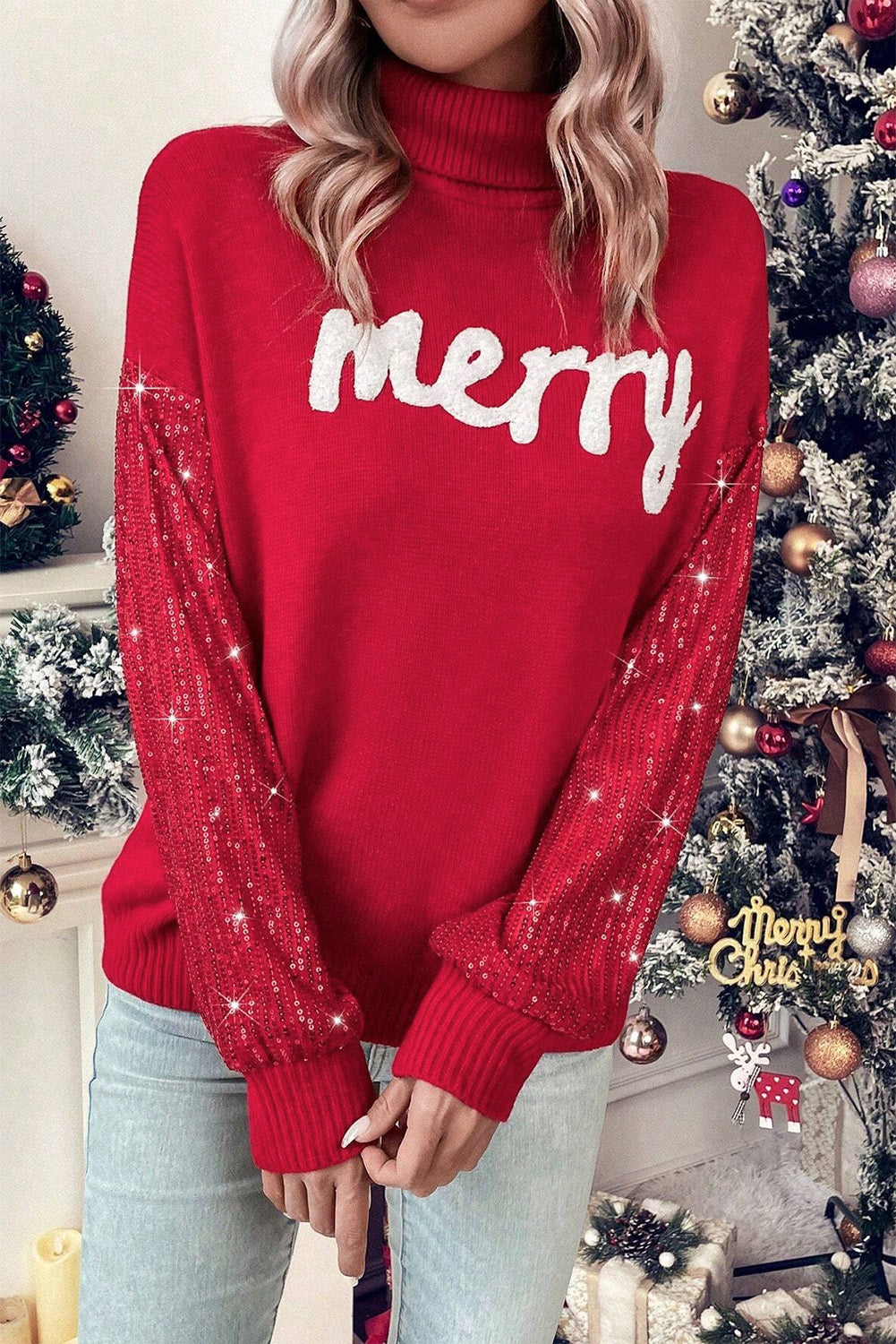 Racing Red Merry Graphic Sequin Sleeve Turtleneck Sweater Sweaters JT's Designer Fashion
