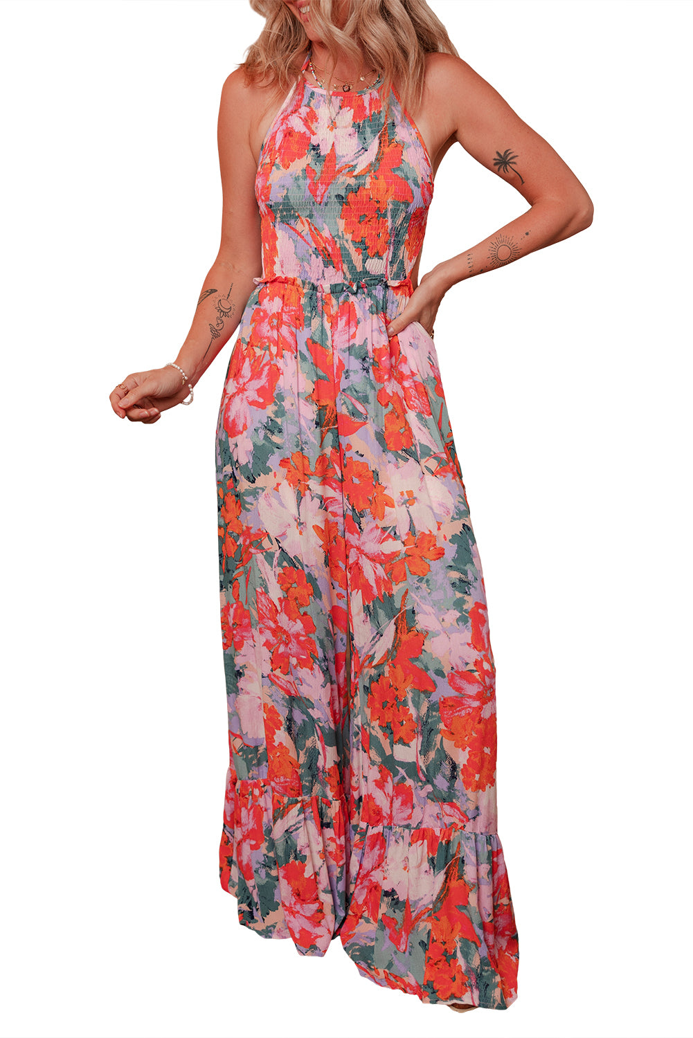 Multicolour Floral Print Smocked Halter Neck Sleeveless Wide Leg Jumpsuit Jumpsuits & Rompers JT's Designer Fashion