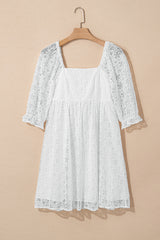 White Floral Lace Puff Sleeve Empire Waist Mini Dress Mini Dresses JT's Designer Fashion