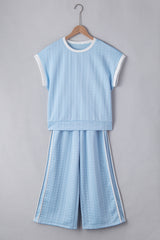 Beau Blue Textured Colorblock Edge Tank Top High Waist Pants Set Pant Sets JT's Designer Fashion