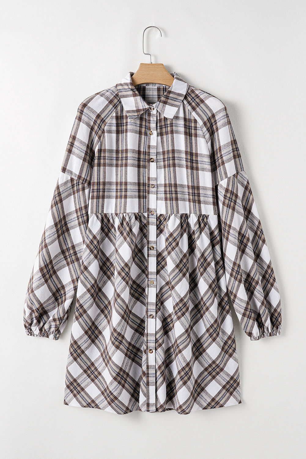 White Plaid Bubble Sleeve Flowy Shirt Dress Mini Dresses JT's Designer Fashion