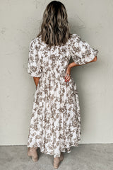 Khaki Floral Puff Sleeve V Neck Buttoned Front Long Dress Maxi Dresses JT's Designer Fashion