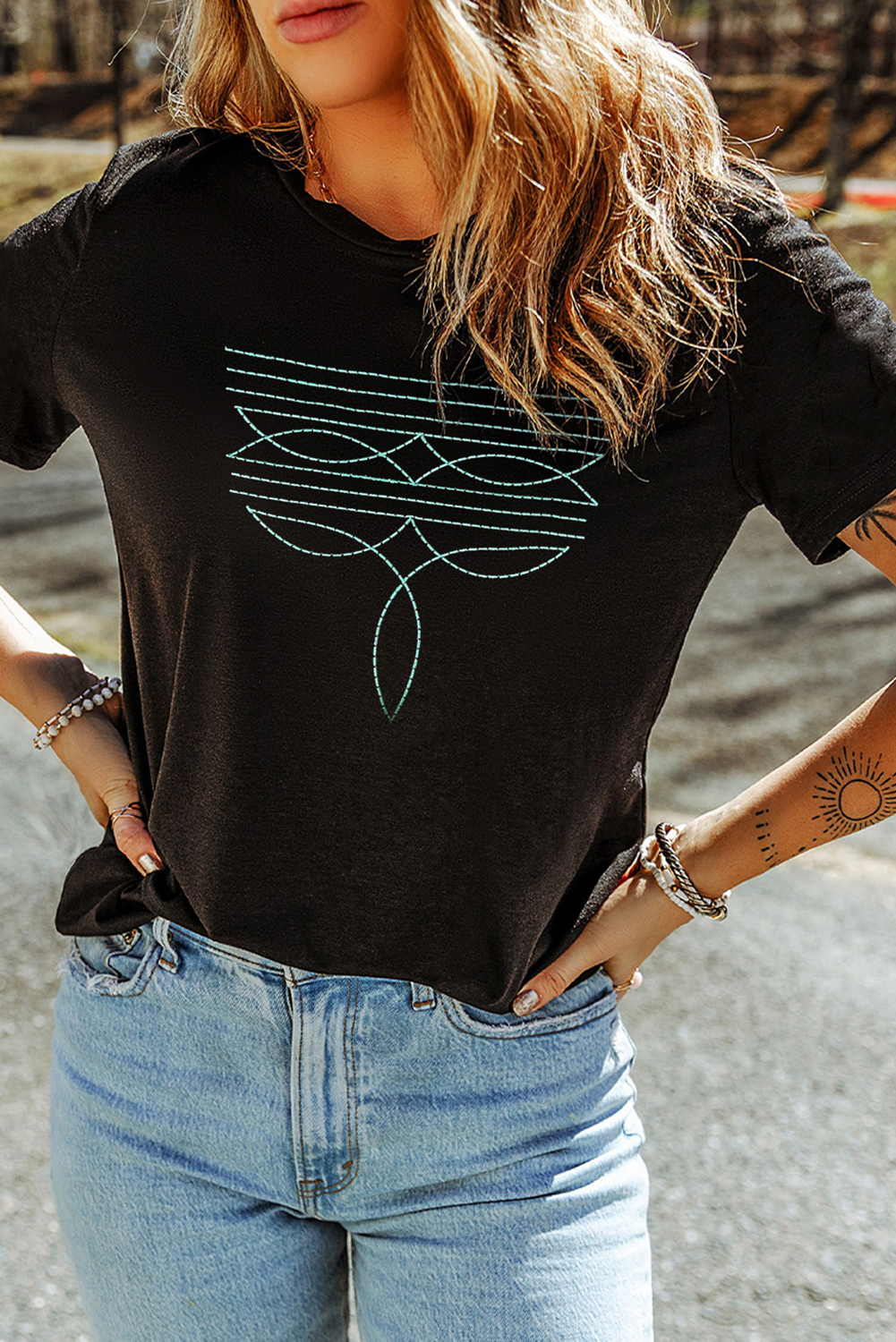 Black Western Fashion Geometric Embroidered T Shirt Graphic Tees JT's Designer Fashion