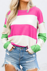 Rose Red Colorblock Striped Drop Shoulder Long Sleeve Top Long Sleeve Tops JT's Designer Fashion
