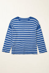 Sky Blue Stripe Drop Shoulder O Neck Plus Size Sweater Plus Size Sweaters & Cardigans JT's Designer Fashion